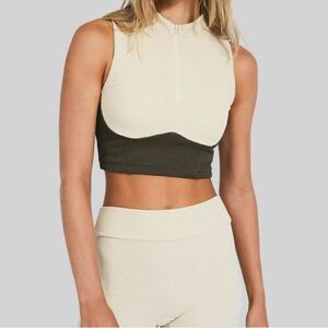 Devon Windsor Vivian Zip Front Crop Top in Canvas Two-Tone | Small